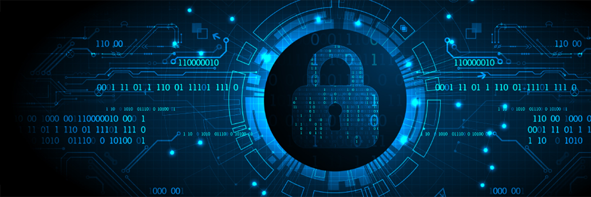 A depiction of cyber security showing binary code and an image of a padlock