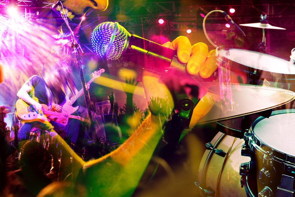 Colorful collage of images of a guitarist, singer, and drum kit