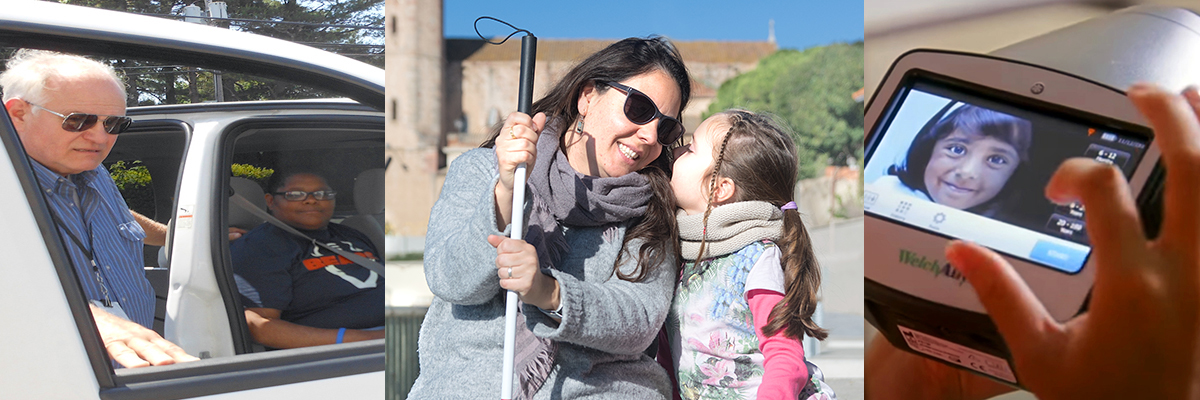Photos of a client in a guided transport vehicle, a woman wearing sunglasses and holding a white cane while receiving a kiss on the cheek from a young girl, and a child's vision screening results on a digital display