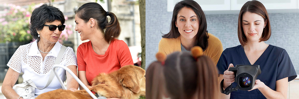 Two photos to represent Sights for Hope services - one of a woman with a visual impairment with her service dog and daughter, the other of a children's vision screening