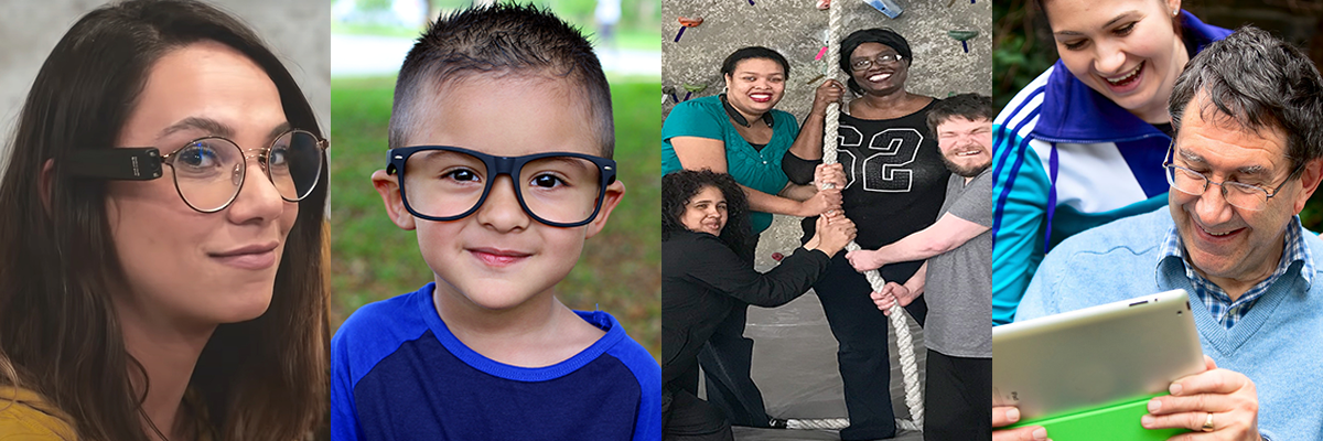 A woman wearing an assistive technology device, a young boy in glasses, four Sights for Hope clients in front of a rock-climbing wall, and a man with glasses and a younger woman looking at a tablet computer